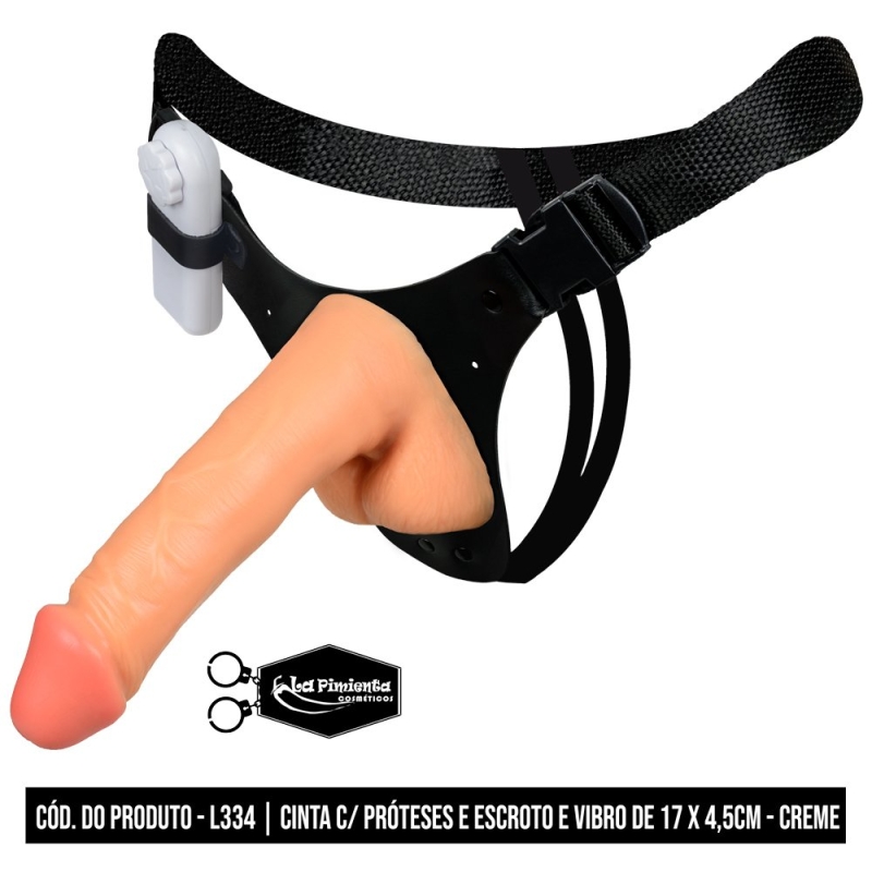 CINTA COM PRÓTESE E VIBRO 17X4,5CM COM AJUSTE LATERAL CREME - LA PIMIENTA L334